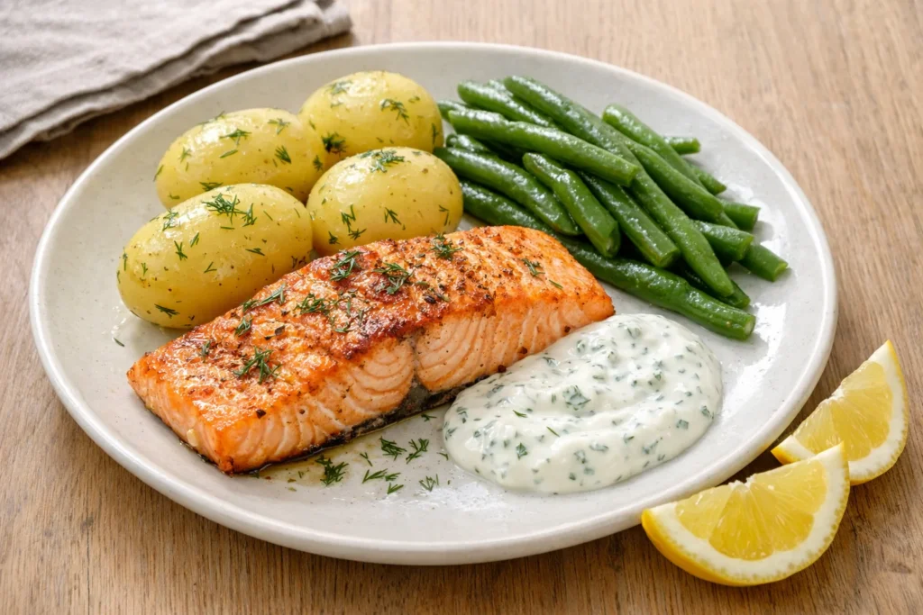 Lax med potatis och kall yoghurtsås – proteinrik middag på 30 min – recept
