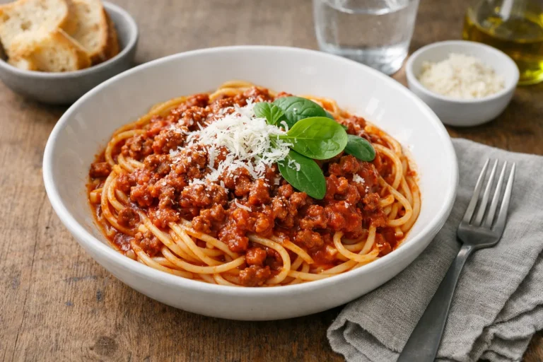 Köttfärspasta med tomatsås – familjevänligt och proteinrikt recept på 30 min – recept
