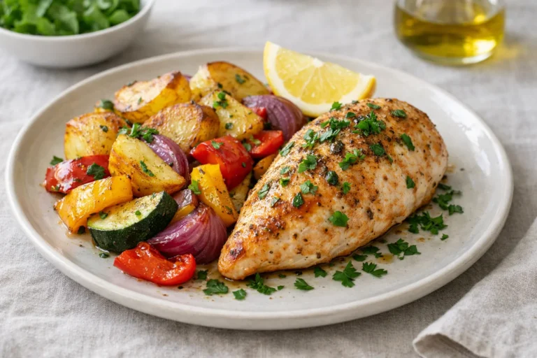 Ugnsbakad kyckling med potatis och grönsaker – familjevänligt recept på 35 min – recept