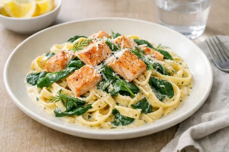 Krämig laxpasta med spenat – proteinrik middag på 25 min – recept